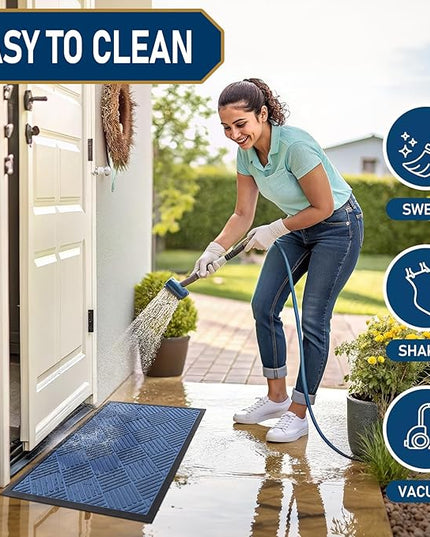 Smiry Front Door Mat Outside Entrance, Heavy Duty Outdoor Indoor Natural Rubber Doormat, Non Slip, Trap Dirt and Moisture, Easy Clean, Low Profile Patio Porch Entryway Mat, 35x23, Blue