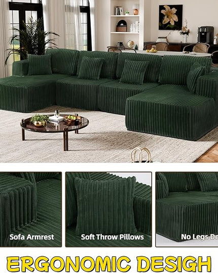 132" U Shaped Boneless Couch, Cloud Sectional Modular Sofa with Double Chaise Lounge, Corduroy Cloud Couch with Pillows & Deep Seat, Boneless Sofa for Living Room, Green