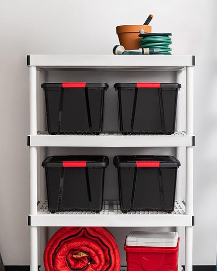 IRIS USA 40 Qt Stackable Plastic Storage Bins with Lids, 4 Pack - BPA-Free, Made in USA - Garage Organizing Solution, Latches, Durable Nestable Containers, Secure Pull Handle - Black