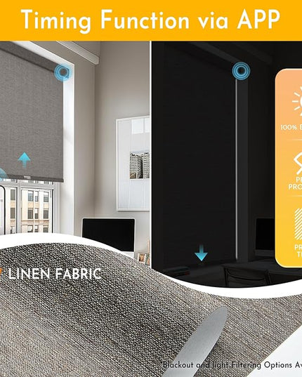 Persilux Smart Motorized Blinds with Remote, No Drill Automatic Roller Shades for Indoor Windows, Blackout Linen Fabric, Electric Blinds for Windows, Linen Brown C156BO-4, Custom Size