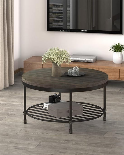 NSdirect 36" Round Coffee Table with Storage Shelf, Dark Grey Brown Vintage Wood Top & Metal Legs - 18.5" Height End Table for Small Spaces (Dark Grey Brown)