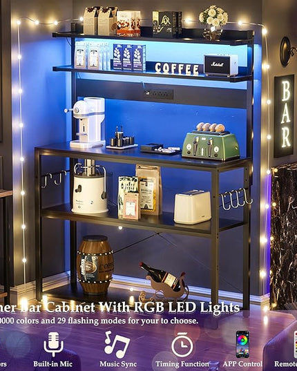 Aheaplus Bakers Rack with Power Outlet, Microwave Stand, 5 Tiers Coffee Bar Station with Led Lights, Kitchen Storage Shelf with 6 S-Shaped Hooks, Kitchen Rack Coffee Bar Stand, Black
