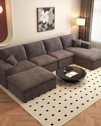 136.6'' U-Shaped Modern Modular Sectional Cloud Couch Whit Ottoman, 4-Seat Chenille Deep-Seat Sofa with Pillow for Living Room, Bedroom, Apartment, Camel
