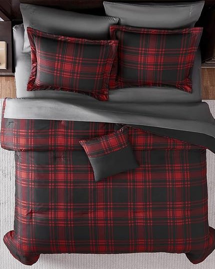 MaiRêve King Comforter Set, Classic Red Black Plaid Bedding Set 7 Pieces, Farmhouse Lightweight All Season Bed in a Bag with Sheets, Pillowcases & Shams