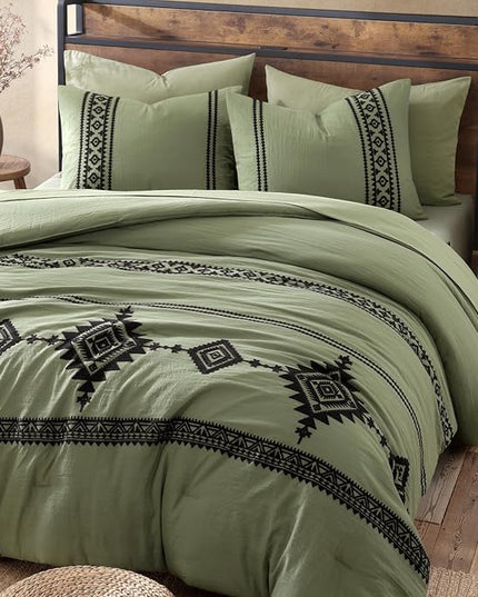 MaiRêve Embroidery Queen Size Comforter Sets, Light Olive Green Western Bedding Set Boho 7 Pieces, All Season Farmhouse Bed in A Bag Comforter Set with Sheets, Pillowcases & Shams