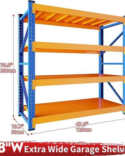 4000LBS Garage Shelving 48" W Garage Shelving Heavy Duty 4-Tier Metal Storage Shelves Adjustable Shelf Unit Storage Rack for Basement Supermarket Warehouse 48" W x 20" D x 78" H Blue-Orange