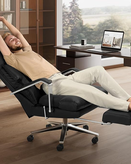 Reclining Office Chair with Footrest - 25.6" Wide Seat & Adjustable Seat Depth, Big and Tall High Back Leather Executive Home Office Desk Chair 400lbs, Black