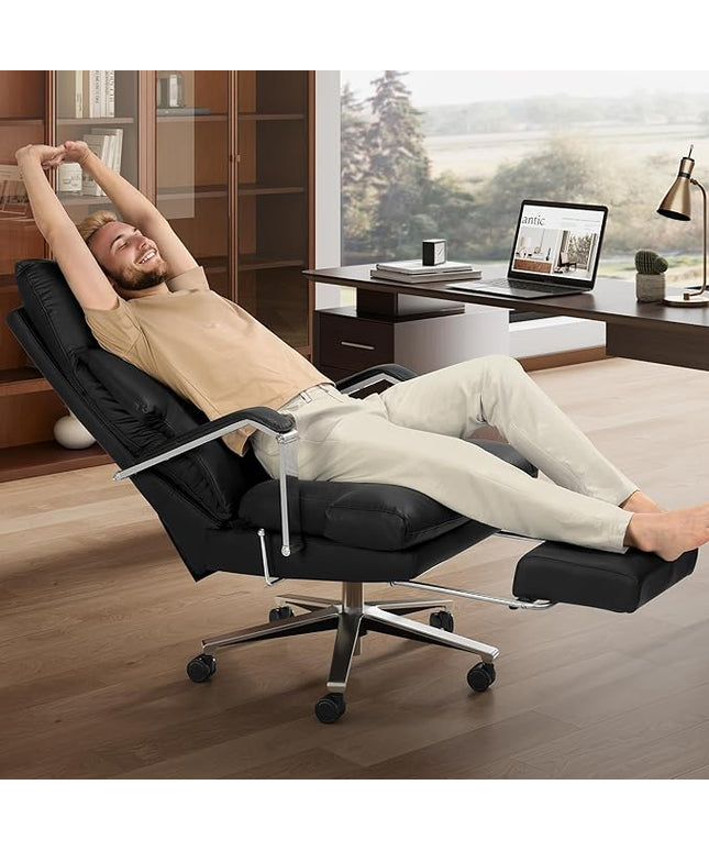 Reclining Office Chair with Footrest - 25.6" Wide Seat & Adjustable Seat Depth, Big and Tall High Back Leather Executive Home Office Desk Chair 400lbs, Black