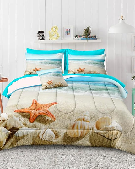 Bedbay 8 Pieces Coastal Comforter Set King Starfish Sea Life Printed King Size Bed in a Bag Beach Themed Bedding Comforter King Bed Set Women Adults Coastal Bedding Beach Room Decor(Aqua,King)