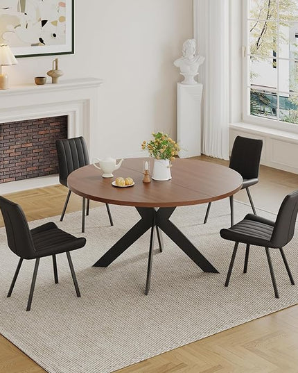 Walnut Round Dining Table Set for 4, Mid-Century Modern Kitchen Table and Chairs, Small Space Dining Room Furniture for Apartment, Breakfast Nook or Studio (Boxwood-1 Table + 4 Black Chairs)