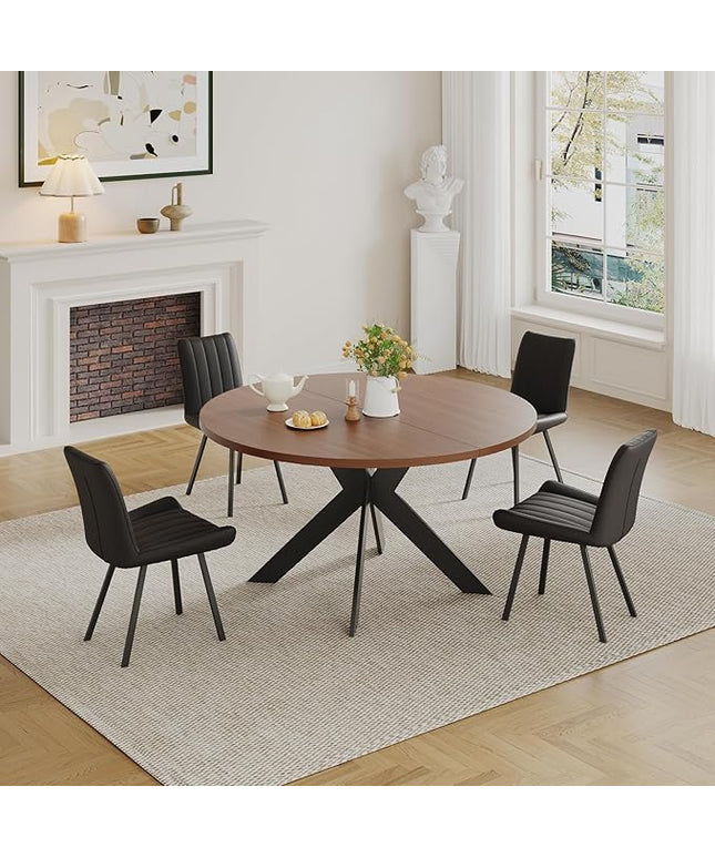 Walnut Round Dining Table Set for 4, Mid-Century Modern Kitchen Table and Chairs, Small Space Dining Room Furniture for Apartment, Breakfast Nook or Studio (Boxwood-1 Table + 4 Black Chairs)