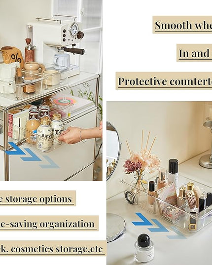 Attelite RollOut Refrigerator Drawer Organizer and Storage Clear Design with Dividers, Fridge Organizer on Wheels, Upgrade Thick Plastic Pantry Storage Bins, Kitchen Organization 2 Set