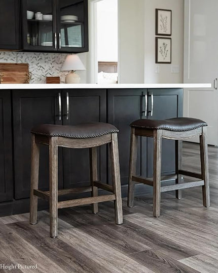 Maven Lane Adrien Backless Bar Stool – Set of 3 – 31 Inch Saddle Seat with Footrest – Brown Solid Wood Frame & Beige Faux Leather Upholstery – Ideal for Bars, Pub Tables & Tall Kitchen Counters