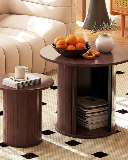 COSVALVE Nesting Coffee Table Set of 2 with Hidden Storage & Sliding Door, Circle Wood Coffee Table, Farmhouse Side & End Table Sets for Living Room, Small Spaces, Walnut