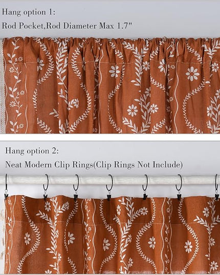 Schweek Rust Orange Boho Curtains 96 Inch Length Linen Curtains for Living Room 2 Panels, Vintage Farmhouse Printed Floral Rustic Curtain Drapes Terracotta