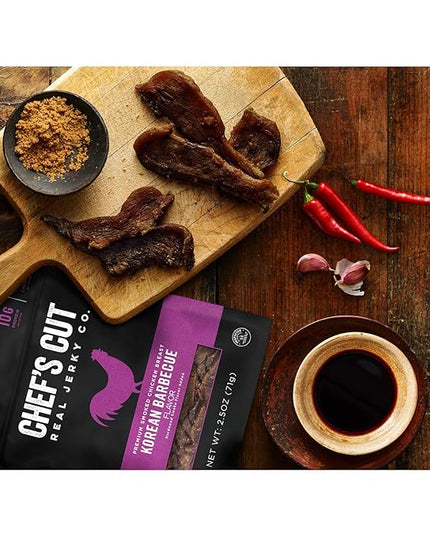 Chef’s Cut Real Chicken Jerky | High Protein Meat Snack with 10 g Protein & 70 Calories, Gluten Free, Keto-Friendly, Premium Lean Smoked Chicken Breast | Korean Barbecue | 2.5 oz (Pack of 4)