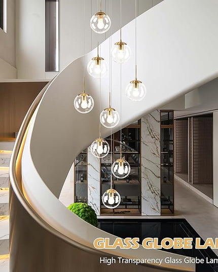 KoKo&Yukina 9-Light Globe Glass Pendant Light Adjustable Length Pendant Lights Fixtures Modern Gold Clear Globe Glass Chandelier High Ceiling Lights Fixtures for Foyer Staircase (Bulb & Remote Incl)