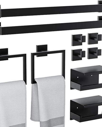 10-Pieces Bathroom Hardware Set, SUS304 Stainless Steel Wall Mounted 23.6 Inch Towel Bar, Toilet Paper Holder, Towel Hooks, Bathroom Towel Bar Set (Matte Black (Type 2), 10 Piece-23.6 inch)