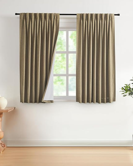 Vision Home Brown Pinch Pleated Full Blackout Curtains Linen Blended Room Darkening Window Curtains 63 inch for Living Room Bedroom Thermal Insulated Pinch Pleat Drapes with Hooks 2 Panel 40" Wx63 L