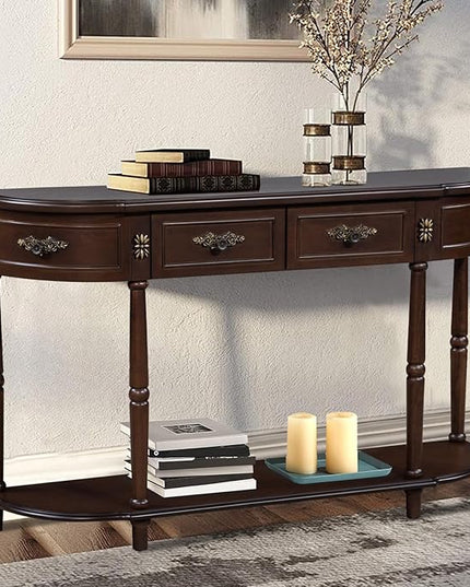 HMFULE Retro Curved Console Table, 52" Half Moon Console Table Sofa Table Entryway Table with 2 Drawers 1 Open Shelf Solid Pine Legs for Living Room,Entryway,Hallway,Espresso
