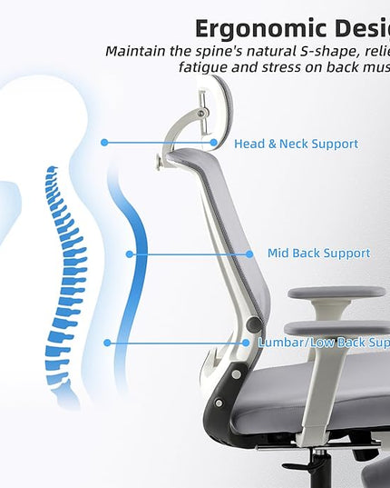 Foldable Office Chair with Foot Rest, Ergonomic Office Chair with Adjustable Lumbar Support, Headrest, Armrest, Home Office Desk Chairs for Space Saving, Grey