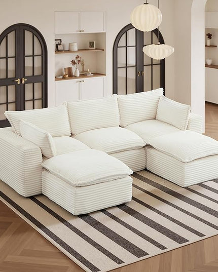 108" Sectional Couches for Living Room Boneless Couch Upholstered Cloud Couch Sectional Modular Sectional Sofa with L Shaped (Corduroy-White, 3 Seat+2 Ottoman)