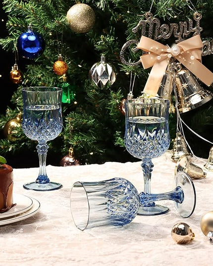 XUWAIDSGN 7oz Plastic Vintage Wine Glasses Drinking Glasses Unbreakable Wedding Glassware Crystal Water Goblets Reusable Drinkware Vintage Champagne Flutes (100, Blue)