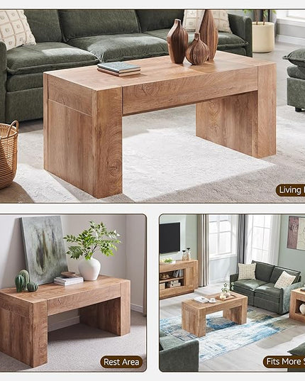 OKD 48" Modern Farmhouse Coffee Table, Wooden Living Room Table with Hidden Storage Drawer, Rustic Rectangular Center Tables w/Wood Thick Design for Living Room, Office, Light Knotty Wood
