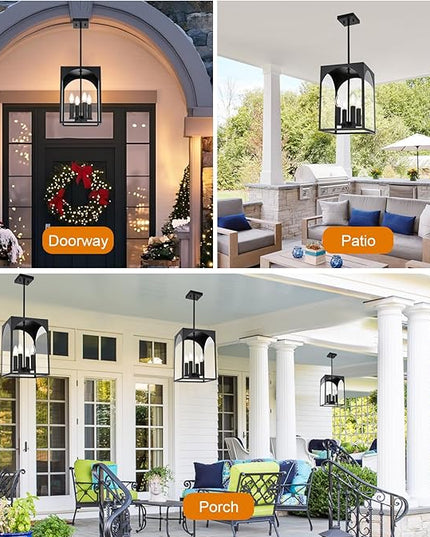 VINLUZ Large Outdoor Indoor Pendant Light 4-Light, Classic Black Finish Metal Chandelier Outside Hanging Fixture Ceiling Mount with Clear Glass Shade for Front Porch Entrance Foyer