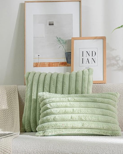 DEELAND Pack of 2,Double-Sided Faux Fur Plush Decorative Throw Pillow Covers Fuzzy Striped Soft Pillowcase Cushion Covers for Sofa Couch Bedroom Green 22x22 inch