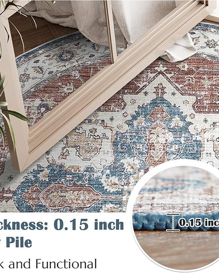jinchan Round Rug 4ft Area Rug - Machine Washable 4'Circle Vintage Floral Non-Slip with Rubber Backing Ultra-Thin Low-Pile Carpet for Living Room Dining Room Entryway (4'Round, Rusty Red/Blue)