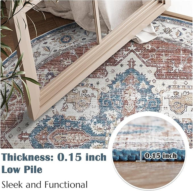jinchan Round Rug 4ft Area Rug - Machine Washable 4'Circle Vintage Floral Non-Slip with Rubber Backing Ultra-Thin Low-Pile Carpet for Living Room Dining Room Entryway (4'Round, Rusty Red/Blue)