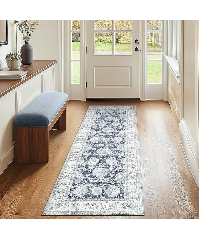 jinchan Runner Rug 2x7 Machine Washable Hallway Rug Dark Blue Vintage Floral Print Non-Slip Low Pile Ultra-Thin for Kitchen,Entryway,Laundry Room,Bedroom,Farmhouse (2‘x7’,Dark Blue)