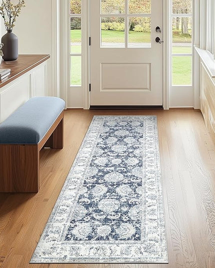 jinchan Fiora Runner Rug 2x6 Machine Washable Hallway Rug Dark Blue Vintage Floral Print Non-Slip Low Pile Ultra-Thin for Kitchen, Entryway, Laundry Room, Bedroom, Farmhouse (2‘x6’, Dark Blue)