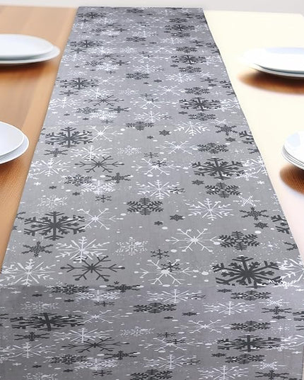 Urban Villa Christmas TableRunner Grey Snowflake Table Runner 14”x72” 100% Cotton Over Sized Runner Heavier Quality Table Runner for Christmas Celebrations Dining WeddingDinner Parties Everyday Use