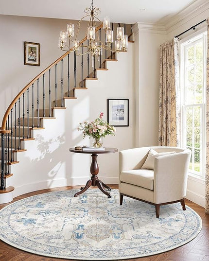 jinchan Round Rug 6ft Area Rug Vintage Floor Mat Kitchen Indoor Ultra-Thin Soft Floral Print Washable Circle 6' Accent for Farmhouse Non Slip Dining Room Living Room Bedroom Office Blue