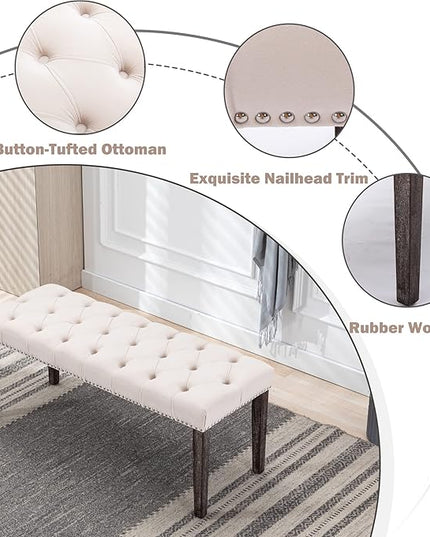 KCC Button-Tufted Ottoman Bench, Upholstered Bedroom Benches Velvet Footrest Stool Accent Bench for Entryway Dining Room Living Room Bedroom End of Bed, Beige