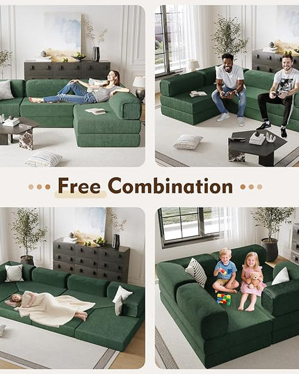 108" L Shaped Couch, Modular Sectional Sofa with Chaise, Cloud Boneless Couch with Deep Seat & Removable Pillow for Living Room, Bedroom,No Assembly Required（Dark Green）