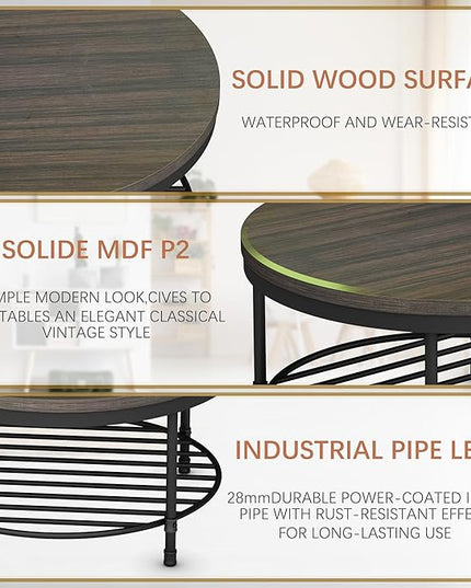 NSdirect 36" Round Coffee Table with Storage Shelf, Dark Grey Brown Vintage Wood Top & Metal Legs - 18.5" Height End Table for Small Spaces (Dark Grey Brown)