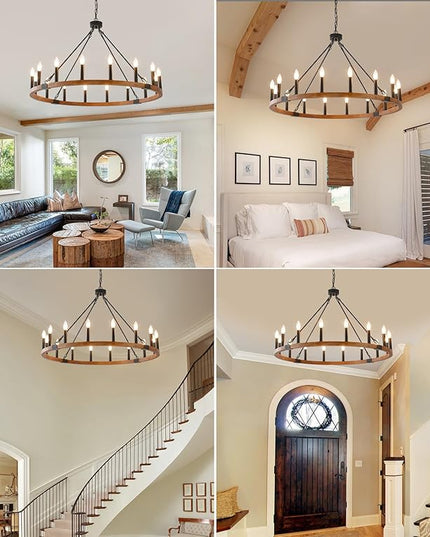 HHR 40 Inch Solid Wood Wagon Wheel Chandelier, 16-Light Farmhouse Chandelier for Dining Room, Modern Chandeliers for Foyer, Kitchen Island, Living Room, Entryway, E12