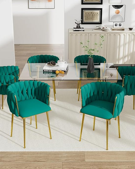 Gold Luxury Glass Dining Table Set for 6, 7 Pcs Clear Glass Top Rectangle Dinner Table Set, 51'' Modern Minimalist Kitchen Table Set, Green Woven Chair, for Small Apartment Living Room