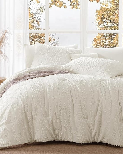 Full Size Comforter Set White, Tufted Boho Bedding Farmhouse Bed Set, All Season 7 Pieces Bed in a Bag with Sheets, Pillowcases & Shams