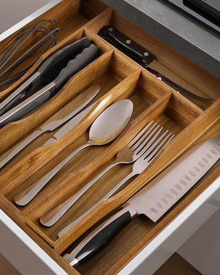 Expandable Acacia Kitchen Drawer Organizer for Cutlery and Utensils, Adjustable Acacia Wood Cutlery Tray in Drawer for Flatware and Silverware in Kitchen