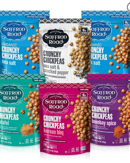 Saffron Road Crunchy Chickpeas Variety Pack with Bombay Spice, Korean BBQ, Falafel, Sea Salt & Cracked Pepper | High-Protein, Vegetarian, Non-GMO, Halal & Kosher Certified Snack | Pack of 6