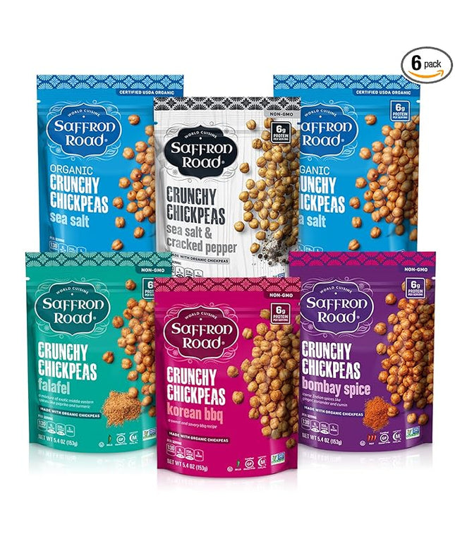 Saffron Road Crunchy Chickpeas Variety Pack with Bombay Spice, Korean BBQ, Falafel, Sea Salt & Cracked Pepper | High-Protein, Vegetarian, Non-GMO, Halal & Kosher Certified Snack | Pack of 6
