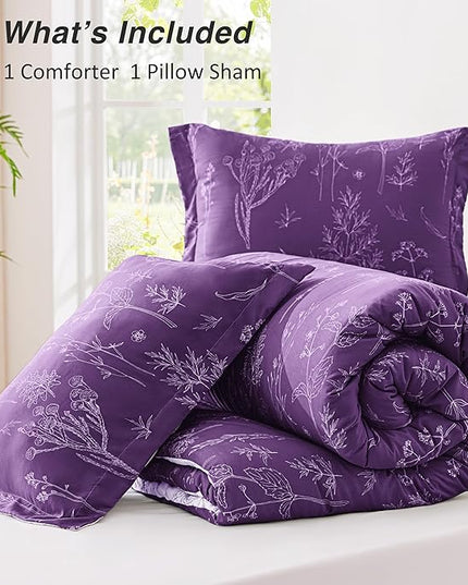 Love's cabin Dark Purple Twin Comforter Set - Twin XL Size Comforter Set Dorm Bedding, 2 Pieces Cute Floral Bedding, Soft Reversible Flowers Comforter, 1 Comforter & 1 Pillow Sham