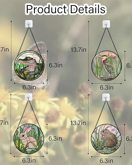 Stained Glass Window Hanging 4 Pcs Set Cute Animal 6.3"- Green Plant Pink Suncatcher Door Garden Sun Catcher Decor Birthday Christmas for Mom Woman Nana Men Friend