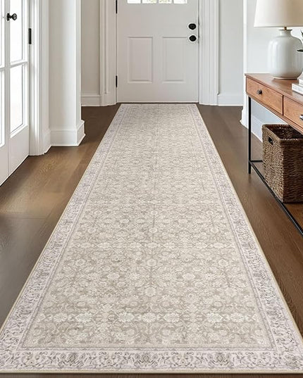 2.6x12 Washable Runner Rug for Kitchen, Cream Beige White Grey Soft Classic Runner with Non-Slip, Non-Shedding Distressed Floral Rug for Hallways Entryway Bedroom Laundry Indoor