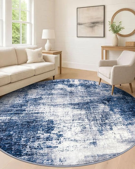 IOHOUZE Abstract Round Area Rug 8 Ft Washable Circle Rugs Large Round Rug Non Slip Thin Soft Circle Rugs, Printed Faux Wool Floor Carpet for Bedroom Living Room Dining Room Nursery, Navy/Grey
