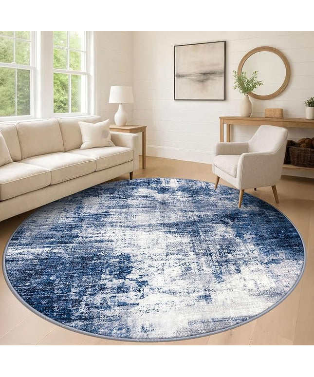 IOHOUZE Abstract Round Area Rug 8 Ft Washable Circle Rugs Large Round Rug Non Slip Thin Soft Circle Rugs, Printed Faux Wool Floor Carpet for Bedroom Living Room Dining Room Nursery, Navy/Grey